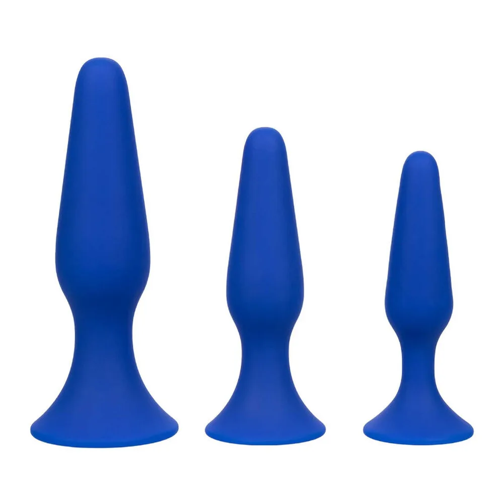 Plug anal en silicone bleu, forme ergonomique avec base élargie, surface lisse et brillante