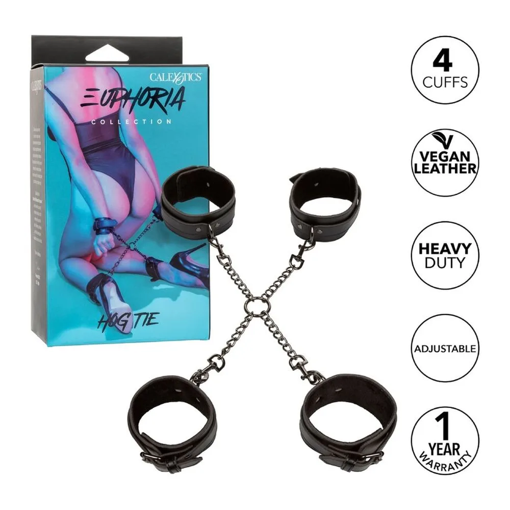 Entrave avec quatre bracelets noirs doublés de velours reliés par des chaînes à un connecteur central, pour immobiliser poignets et chevilles