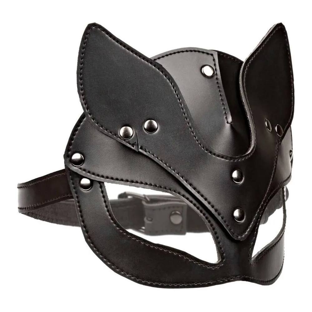 Masque de chat en cuir noir avec oreilles pointues, rivets argentés, doublure velours visible et lanière réglable noire