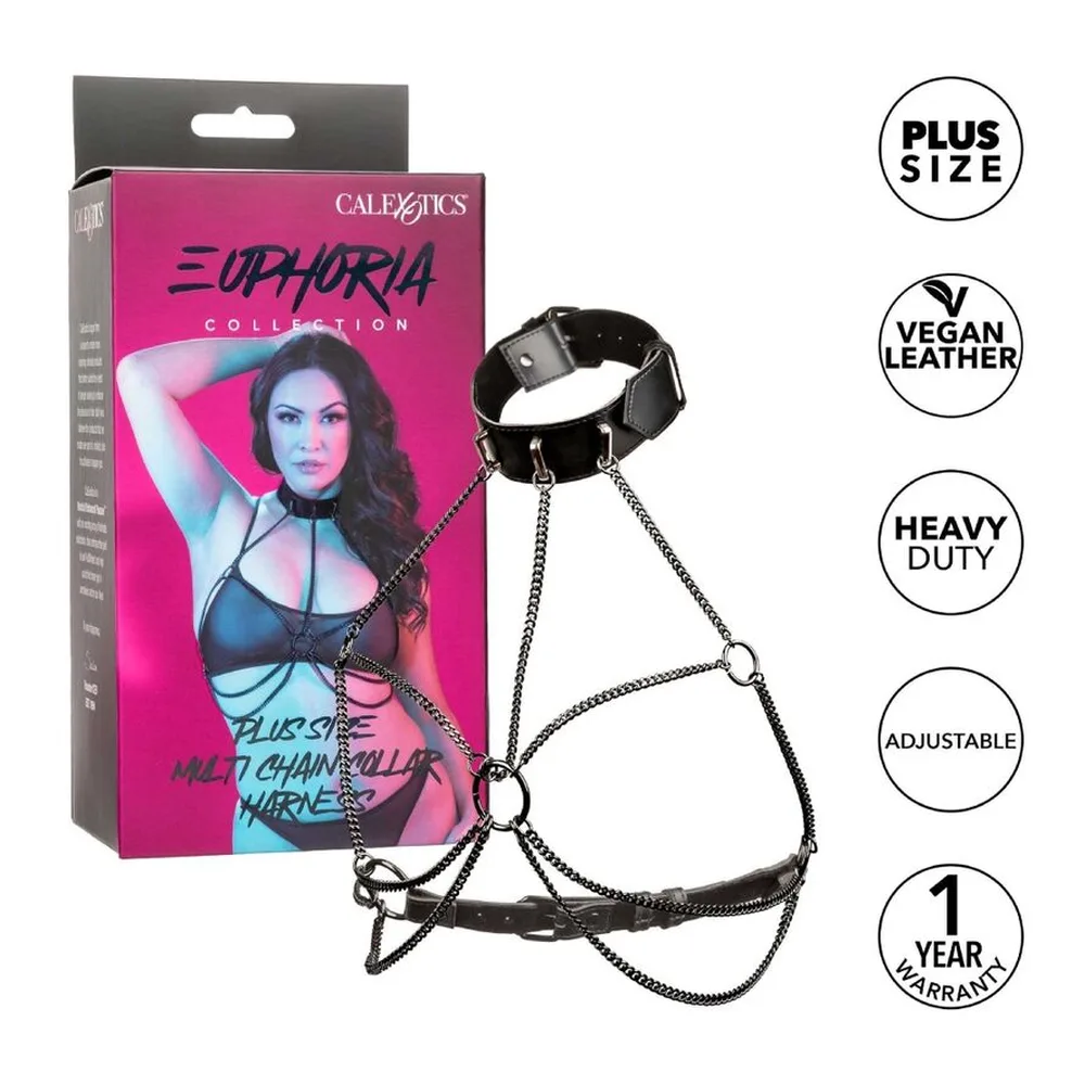 Emballage de la collection Euphoria par Calextics, montrant un harnais collier en cuir noir avec chaînes, sur fond rose avec modèle portant le produit