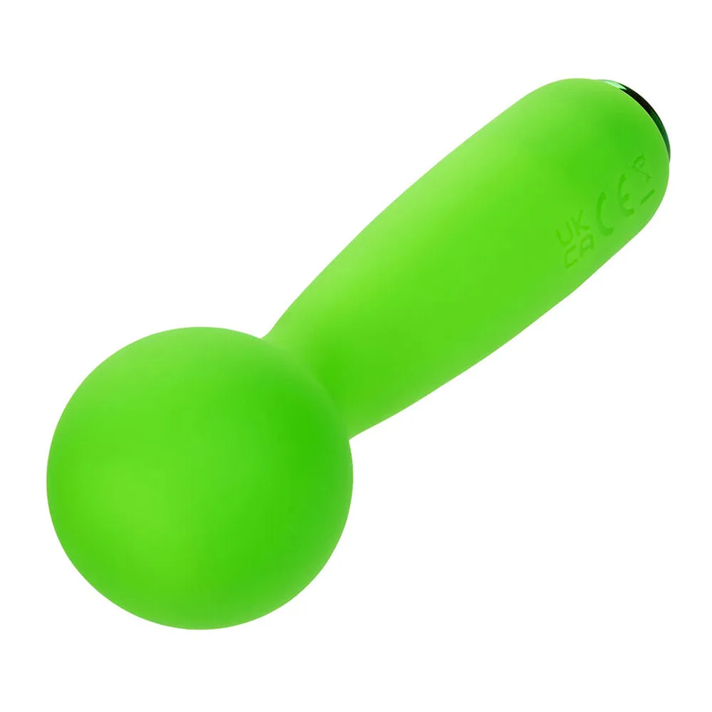 Stimulateur clitoridien vert fluo en silicone, forme bulbeuse avec manche effilé, bouton d'alimentation à la base, sur fond blanc