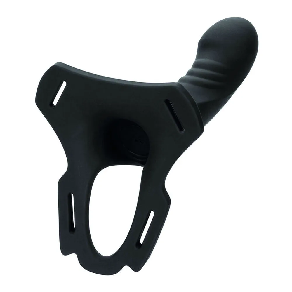 Gode-ceinture vibrant noir en silicone avec harnais intégré aux sangles amovibles et embout courbe