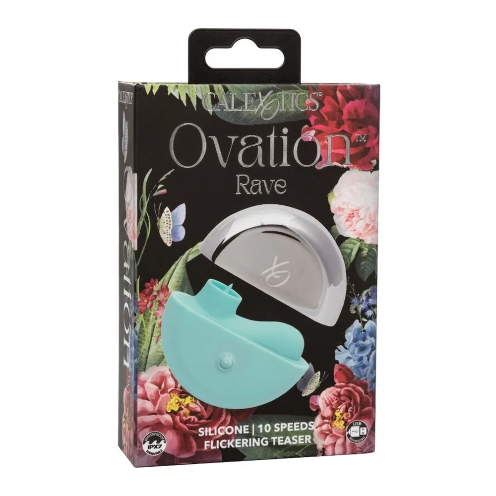 Stimulateur clitoridien turquoise en silicone avec embout ondulé, dimensions indiquées (5 cm de largeur, 7 cm de hauteur), accompagné de son étui de rangement magnétique gris et de détails montrant l'embout et la courbe ergonomique