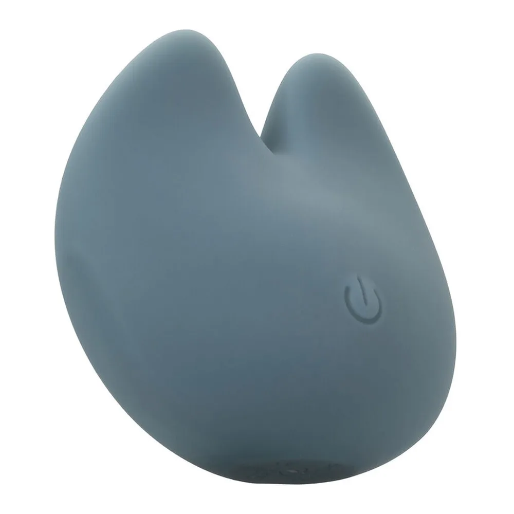 Stimulateur clitoridien bleu-gris en silicone, forme ovale arrondie avec deux embouts vibrants en relief et bouton d'alimentation gravé, fond blanc