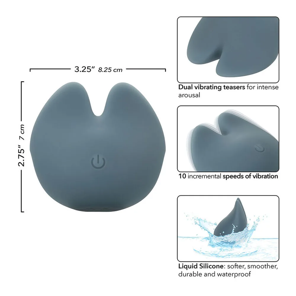 Stimulateur clitoridien bleu-gris en silicone, forme ovale arrondie avec deux embouts vibrants en relief et bouton d'alimentation gravé, fond blanc