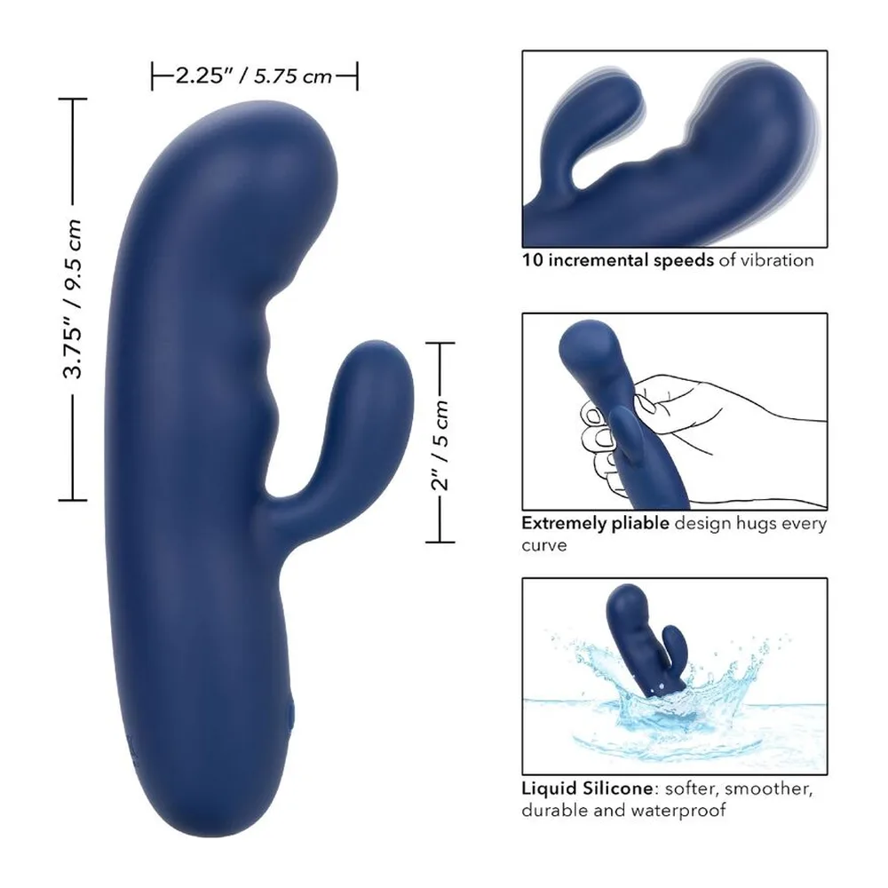 Stimulateur clitoridien bleu marine en silicone liquide, à double tige incurvée, avec schémas de dimensions, modes vibratoires, flexibilité et résistance à l'eau