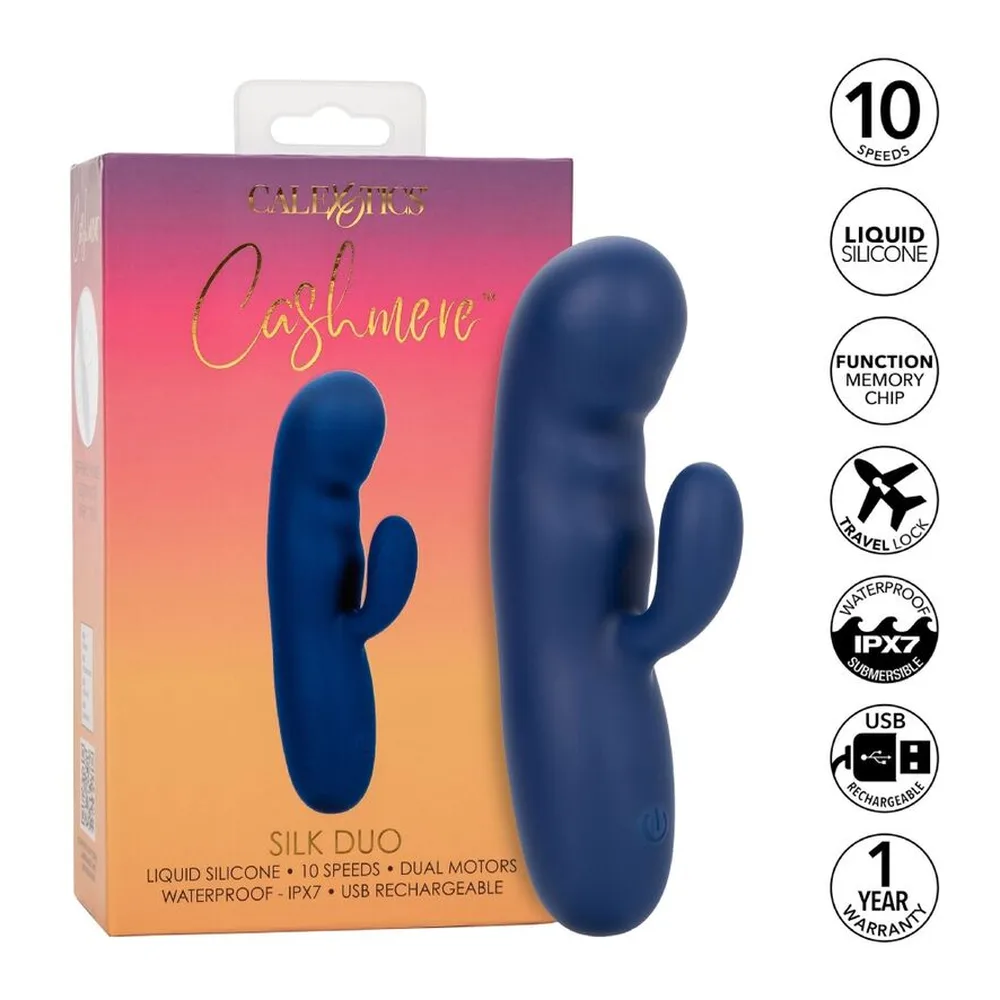 Stimulateur clitoridien bleu marine en silicone liquide, à double tige incurvée, avec schémas de dimensions, modes vibratoires, flexibilité et résistance à l'eau