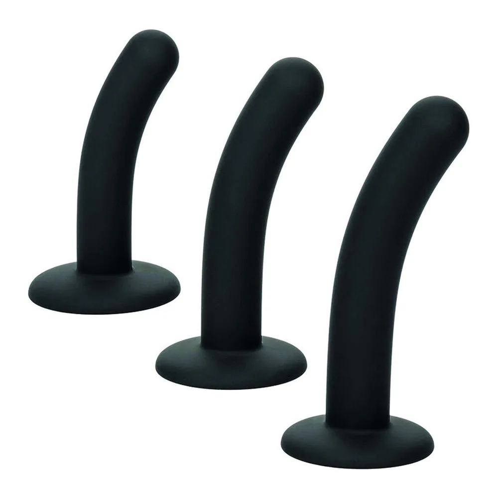 Trois godes noirs en silicone aux formes courbes graduées, montés sur des socles de maintien circulaires, présentés sur fond blanc