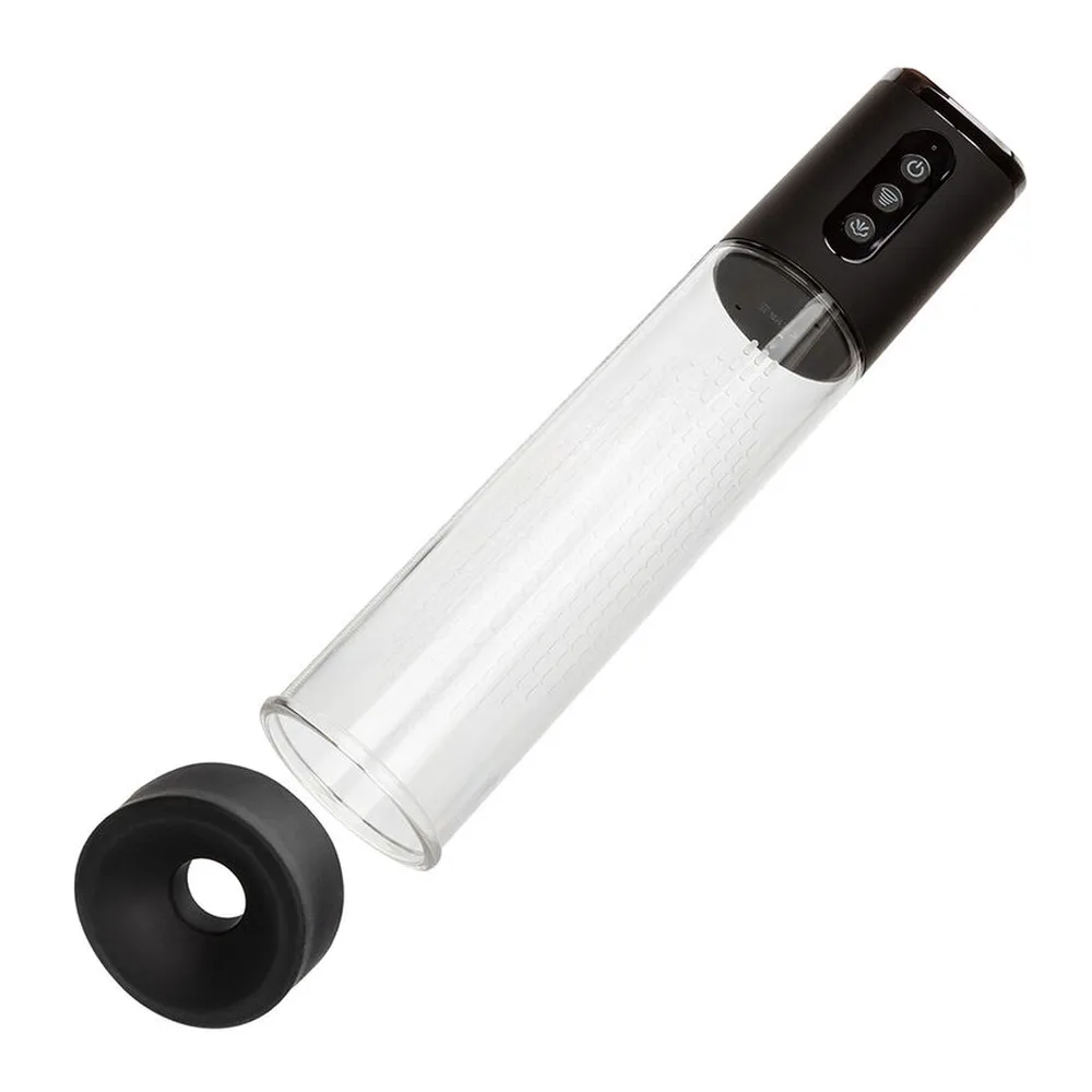 Pompe d'aspiration cylindrique en verre transparent avec tête noire dotée de quatre boutons de contrôle, tube transparent et anneau de base en silicone noir détachable