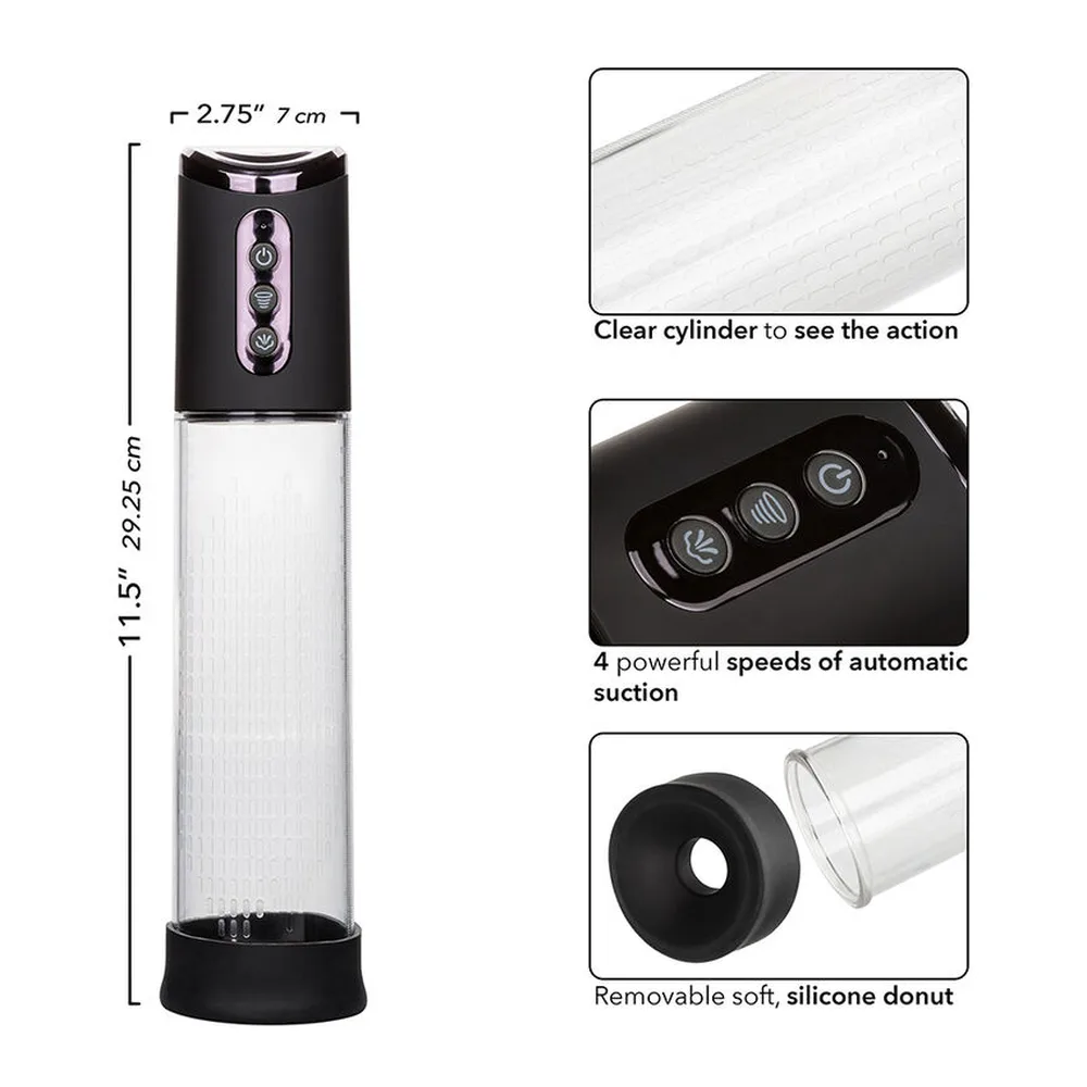 Pompe d'aspiration cylindrique en verre transparent avec tête noire dotée de quatre boutons de contrôle, tube transparent et anneau de base en silicone noir détachable