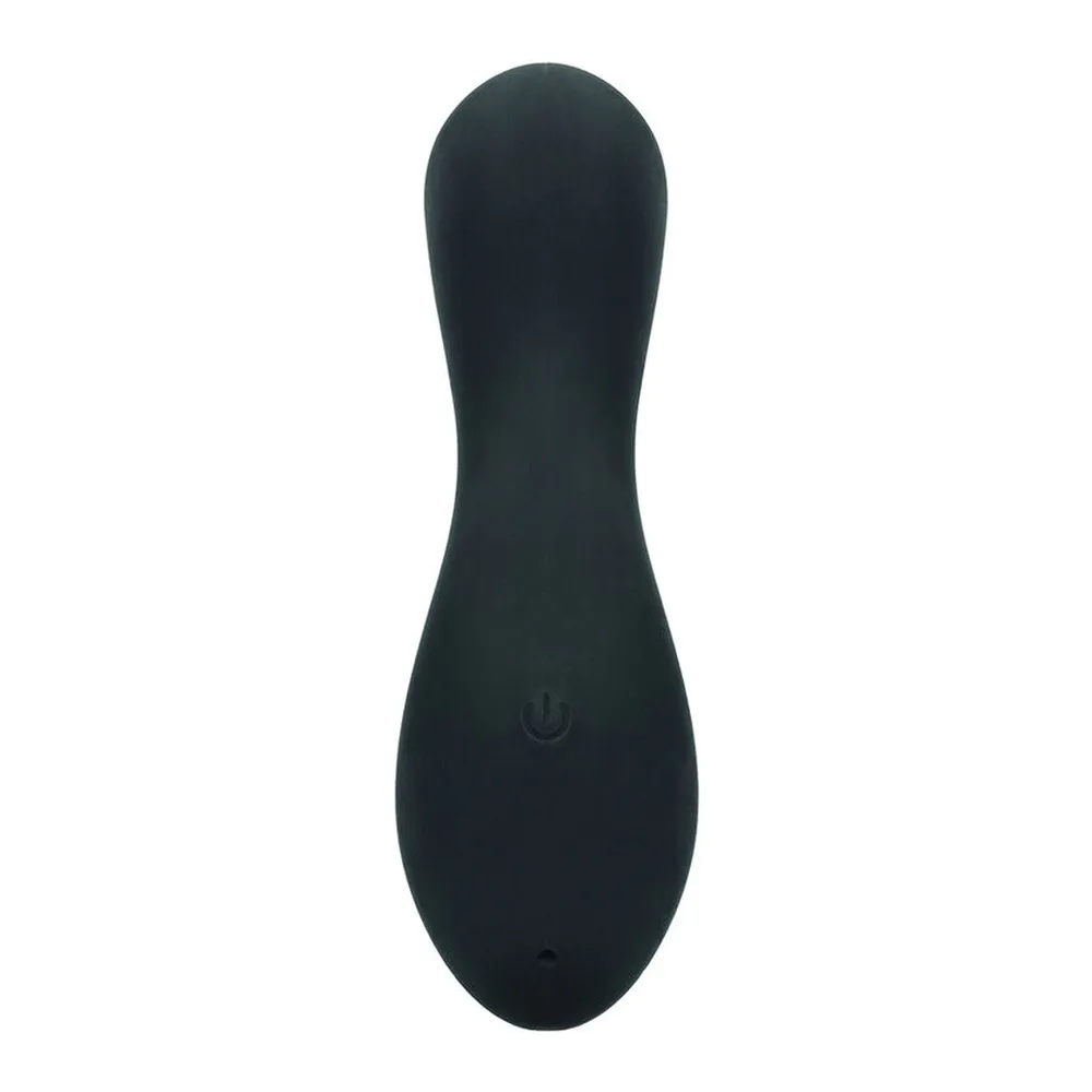 Stimulateur clitoridien noir en silicone, forme ergonomique bulbeuse avec arrondi au sommet et base amincie, bouton de commande visible en bas sur fond blanc