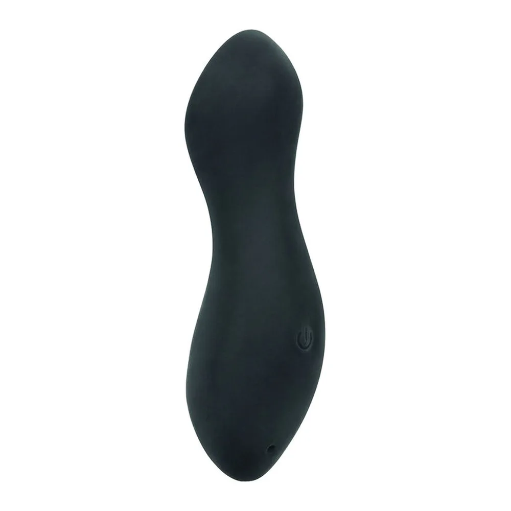 Stimulateur clitoridien noir en silicone, forme ergonomique bulbeuse avec arrondi au sommet et base amincie, bouton de commande visible en bas sur fond blanc