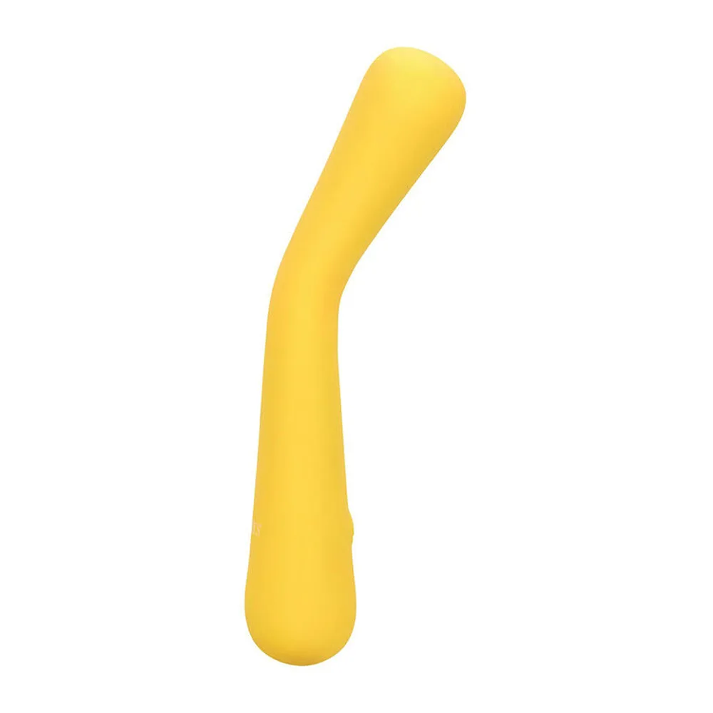 Wand jaune en silicone aux formes arrondies, corps long et effilé sur fond blanc