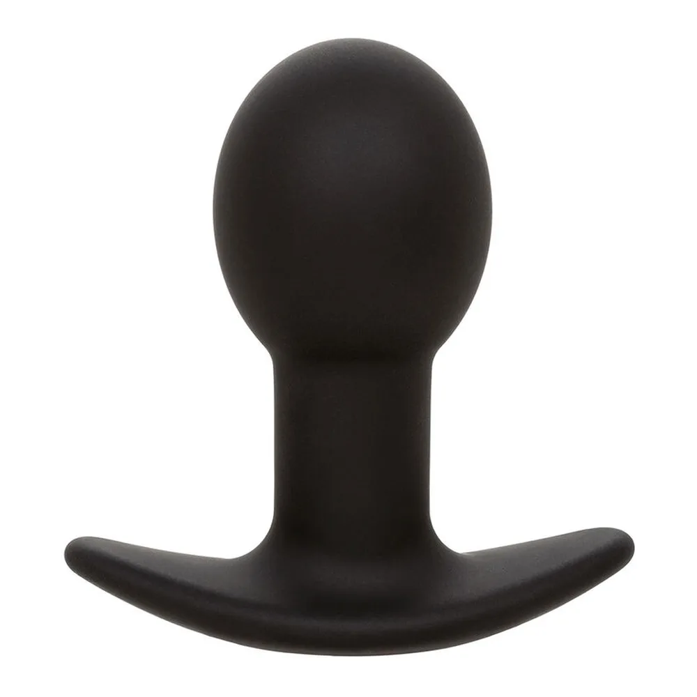 Plug anal noir en silicone avec base évasée, forme bombée et col marqué, sur fond blanc