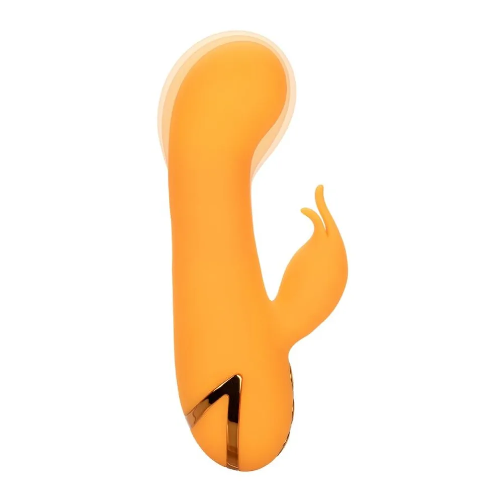Vibromasseur rabbit orange dégradé avec tige gonflable, trois boutons de contrôle en bas, tête arrondie, fond blanc