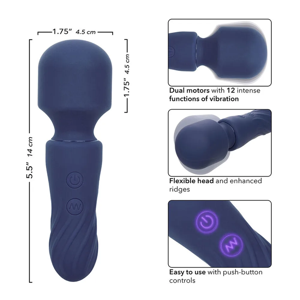 Masseur bleu marine avec tête arrondie flexible et corps ergonomique strié, boutons de contrôle visibles, fond blanc