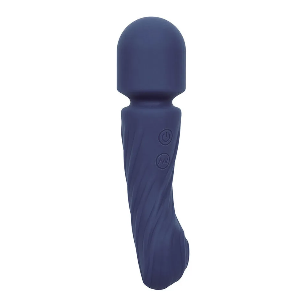 Wand bleu marine avec tête arrondie, corps texturé incurvé et deux boutons de commande, sur fond blanc