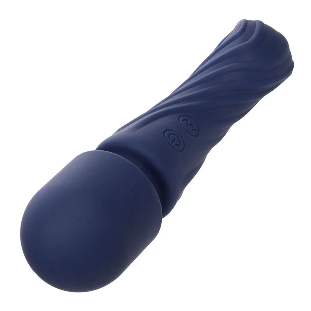 Wand bleu marine avec tête arrondie, corps texturé incurvé et deux boutons de commande, sur fond blanc