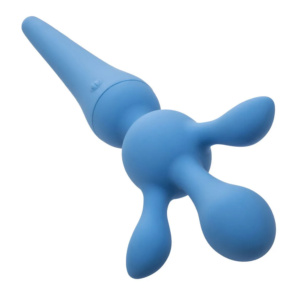 Wand bleu ciel en silicone avec deux embouts interchangeables : une boule lisse et un cône pointu, sur fond blanc
