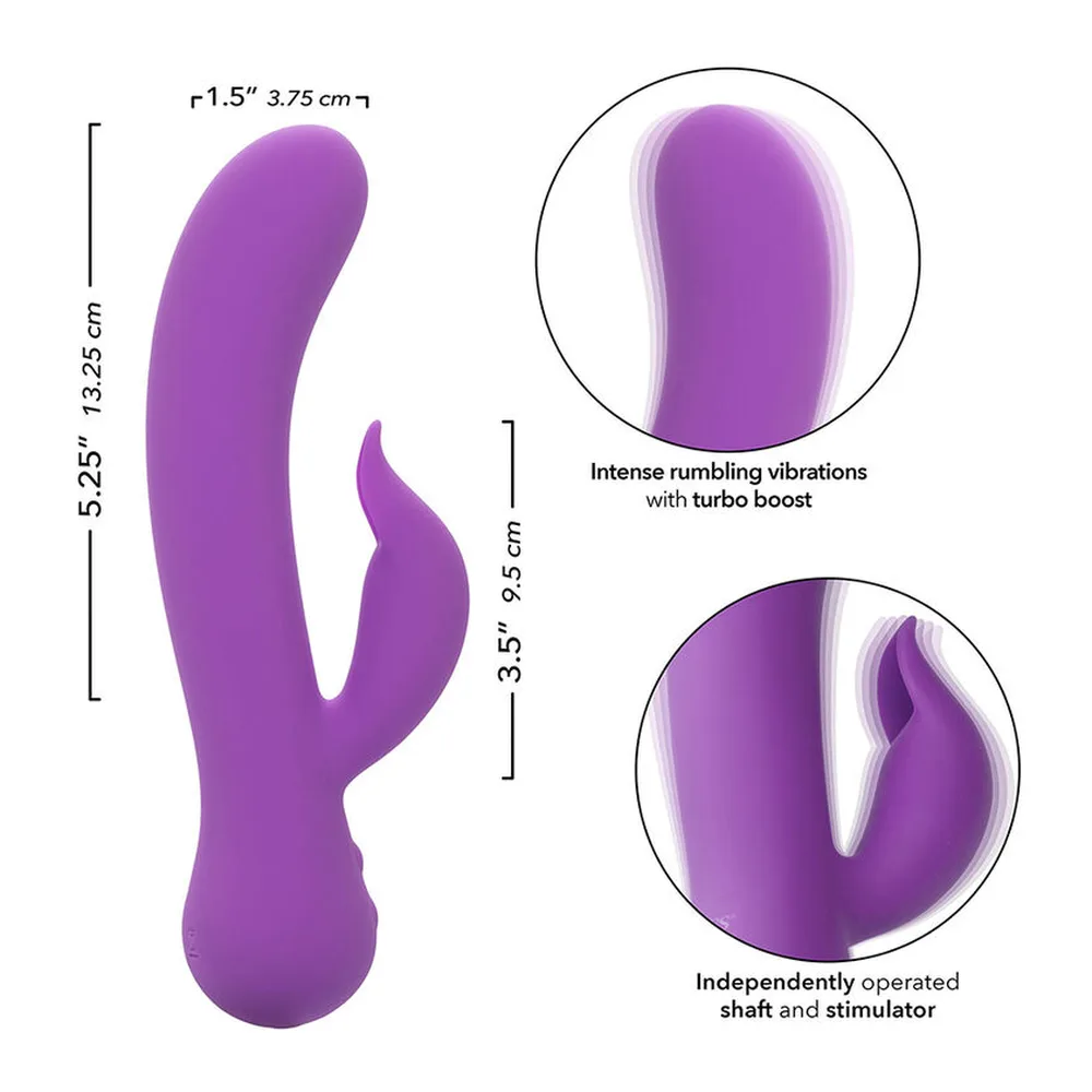 Vibromasseur en silicone violet avec tige incurvée et stimulateur clitoridien arrondi, sur fond blanc