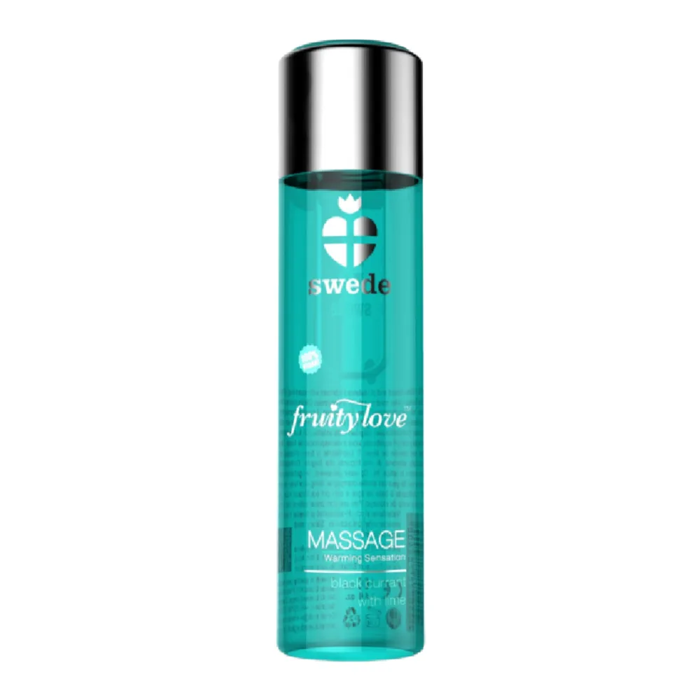 Flacon de massage Fruity Love Swede turquoise avec bouchon chromé, étiquette blanche mentionnant cassis et citron vert, formule chauffante