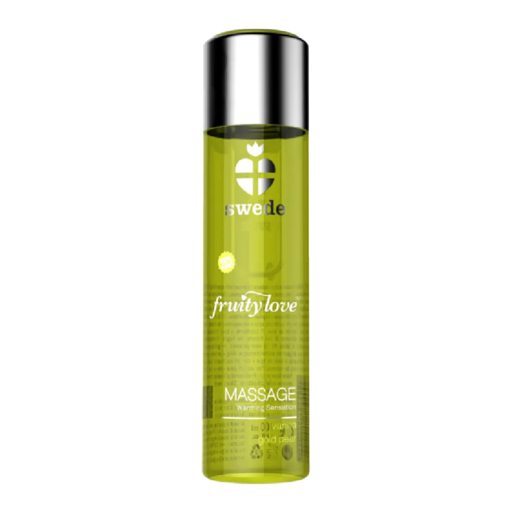 Flacon transparent vert anis de 200 ml avec bouchon chromé argenté, étiquette blanche « swede fruity love MASSAGE » effet réchauffant