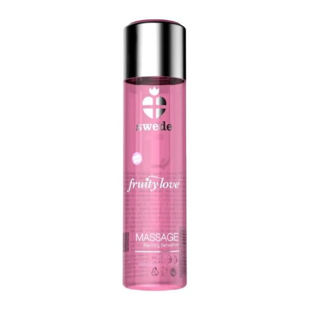 Flacon d'huile de massage rose vif avec capuchon métallique argenté, étiquette Swede « fruity love » et mention « massage »