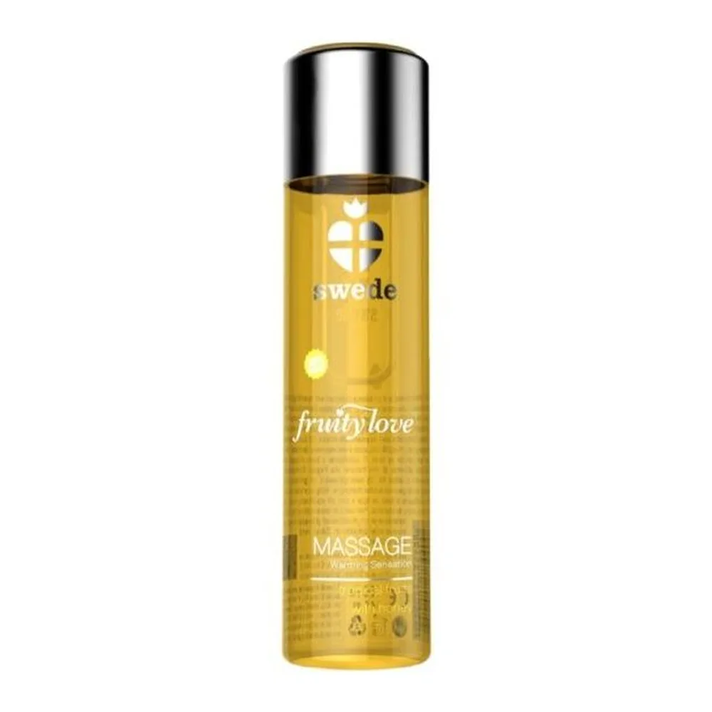 Flacon d'huile de massage Swede Fruity Love jaune doré à capuchon métallique argenté, étiquette blanche avec inscriptions, format compact