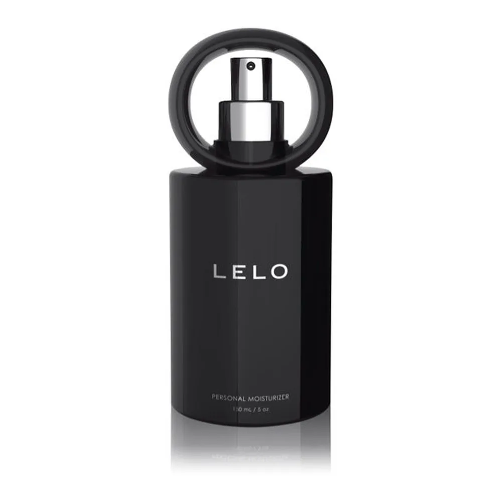Flacon noir de lubrifiant personnel LELO avec pompe spray argent et anneau noir, sur fond blanc