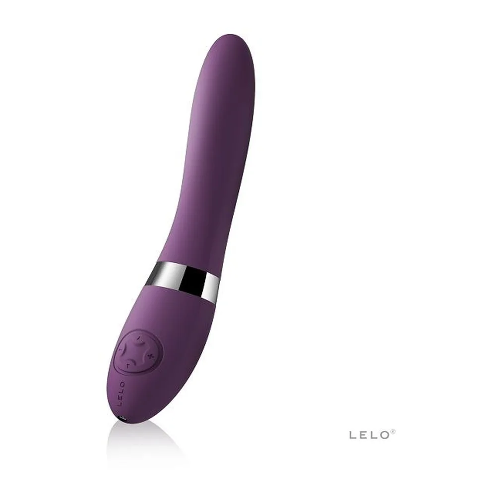 Vibromasseur point G en silicone violet avec anneau métallique chromé, tige incurvée et base arrondie, fond blanc