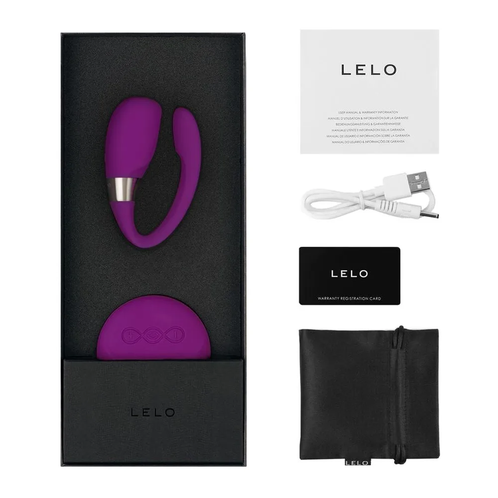 Emballage noir du stimulateur clitoridien Tiani 3 Lelo, montrant le produit violet en silicone avec télécommande et détail métallisé, boîte fermée