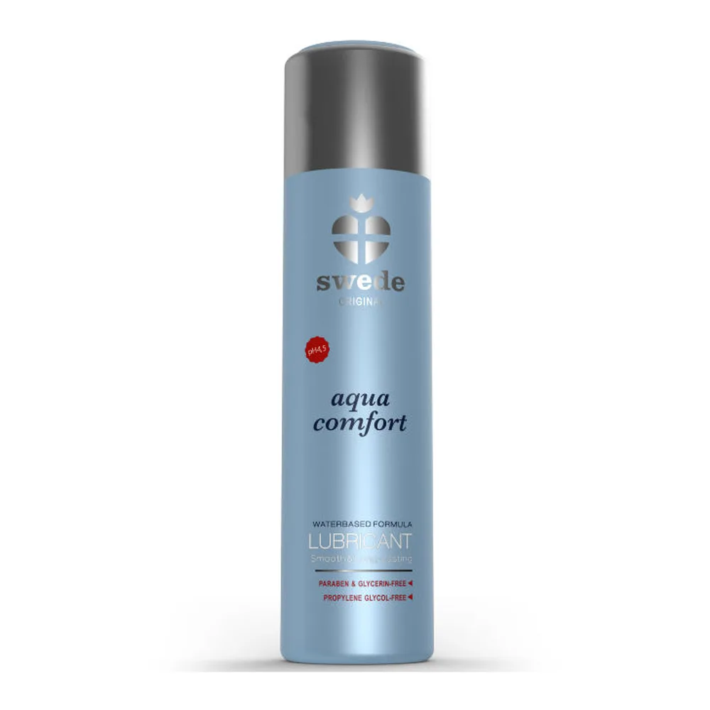 Flacon de lubrifiant Aqua Comfort Swede, base eau, en spray de 150 ml, étiquette bleu ciel avec capuchon gris métallisé, sur fond blanc