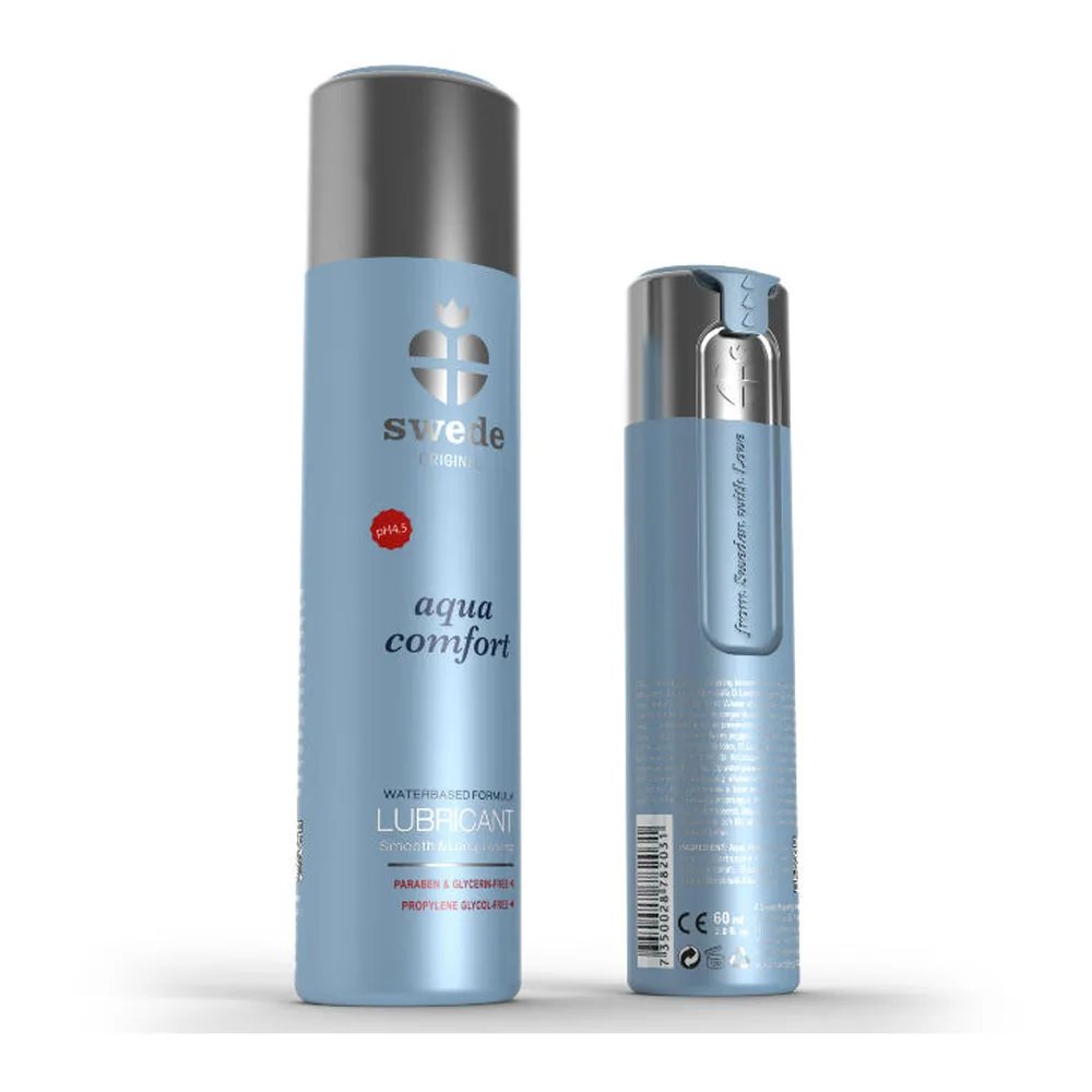 Flacon de lubrifiant Aqua Comfort Swede, base eau, en spray de 150 ml, étiquette bleu ciel avec capuchon gris métallisé, sur fond blanc