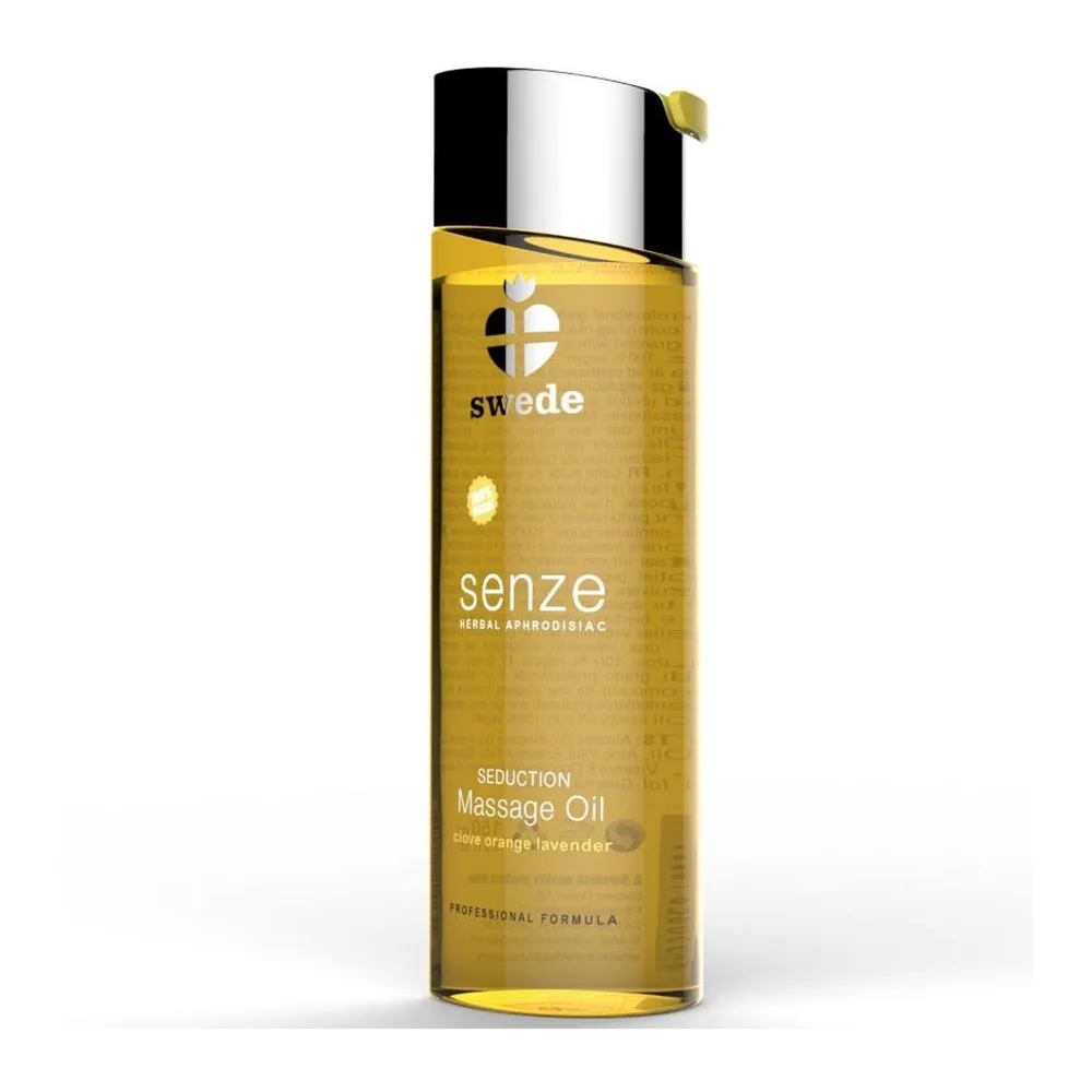 Flacon cylindrique en verre rempli d'huile de massage jaune dorée, capuchon noir et acier inoxydable, étiquette Swede Senze Seduction avec mentions herbal aphrodisiac et massage oil