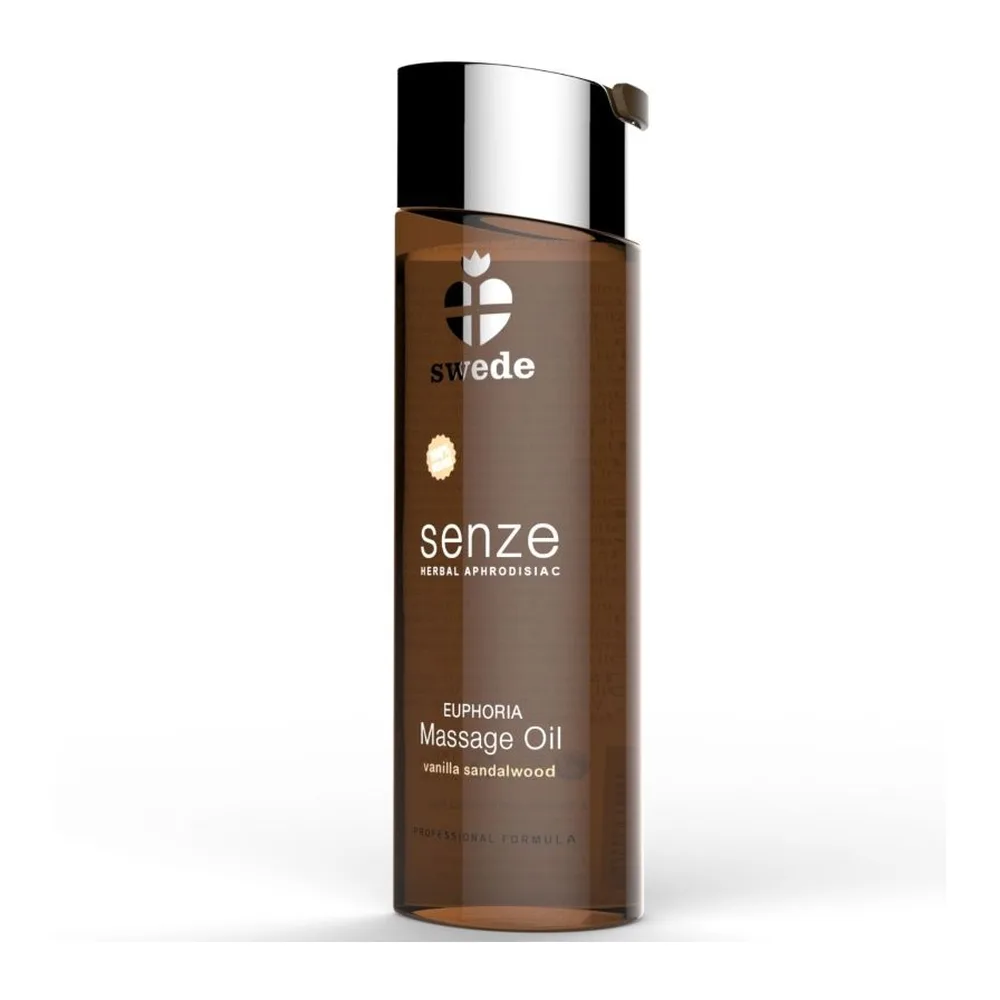 Flacon en verre teinté brun de l'huile de massage Senze Euphoria, avec bouchon compte-gouttes chromé et étiquette beige mentionnant vanille et bois de santal