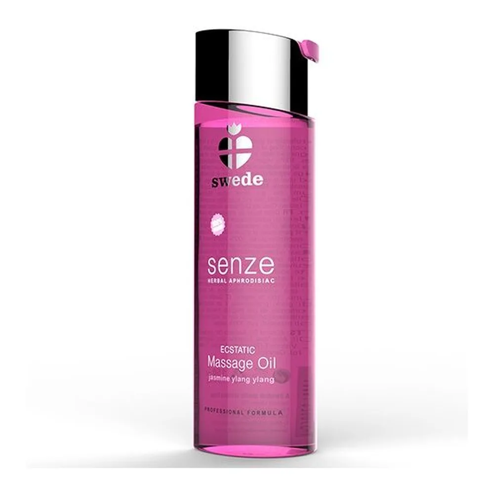 Flacon en verre rose vif avec bouchon noir et argenté contenant l'huile de massage Senze Swede, étiquette blanche indiquant « Senzual Massage Oil » et les notes jasmin ylang-ylang