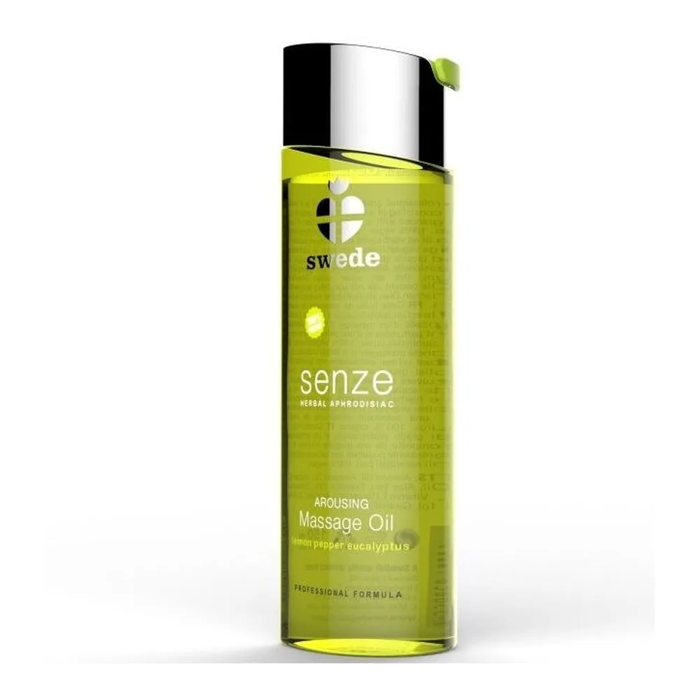 Flacon de 75 ml d'huile de massage jaune citron vert avec étiquette Senzé, capuchon noir et argenté, sur fond blanc