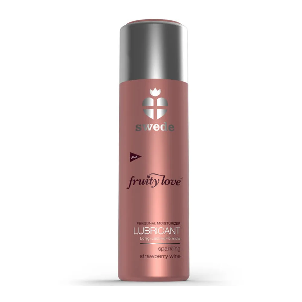 Flacon de lubrifiant Fruity Love en spray de 100 ml, rose poudré avec étiquette rose foncé, capuchon métallisé, arôme vin de fraise pétillant