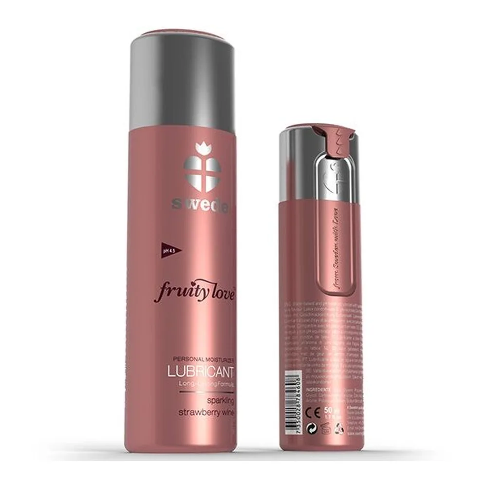 Flacon de lubrifiant Fruity Love en spray de 100 ml, rose poudré avec étiquette rose foncé, capuchon métallisé, arôme vin de fraise pétillant