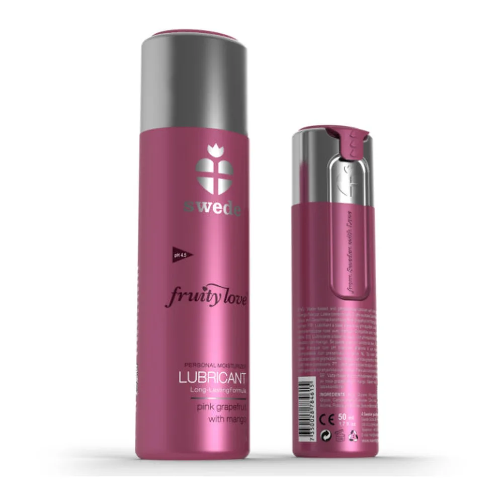 Flacon de lubrifiant Fruity Love rose magenta avec capuchon gris, étiquette aromatisée pamplemousse et mangue, base hydratante