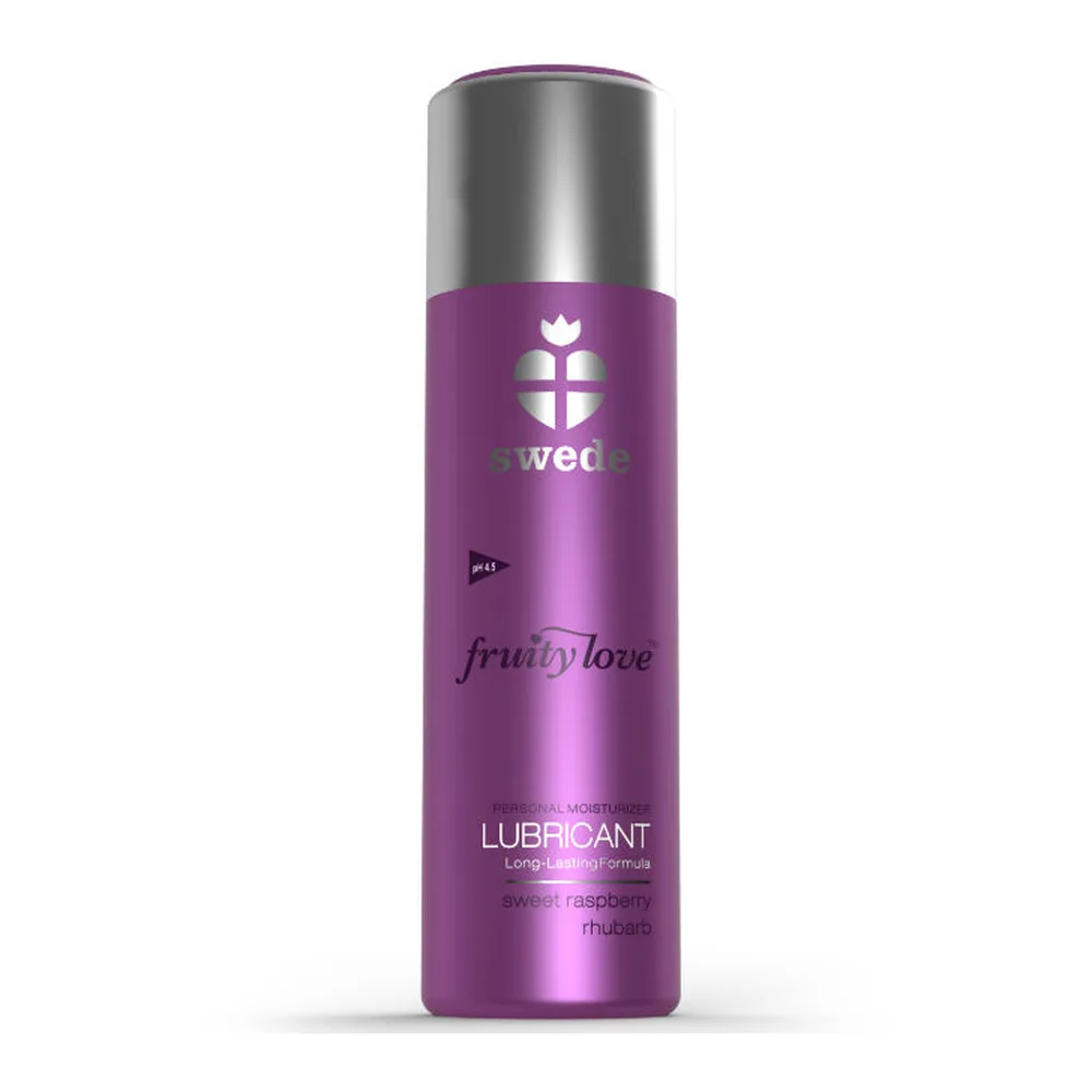 Flacon de lubrifiant Fruity Love à base d'eau, couleur violet brillant, étiquette noire avec logo Swede et texte framboise-rhubarbe, capuchon argenté métallisé