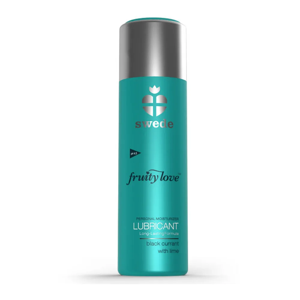Flacon de lubrifiant Fruity Love Swede bleu-vert avec capuchon gris, aromatisé cassis et citron, base eau comestible