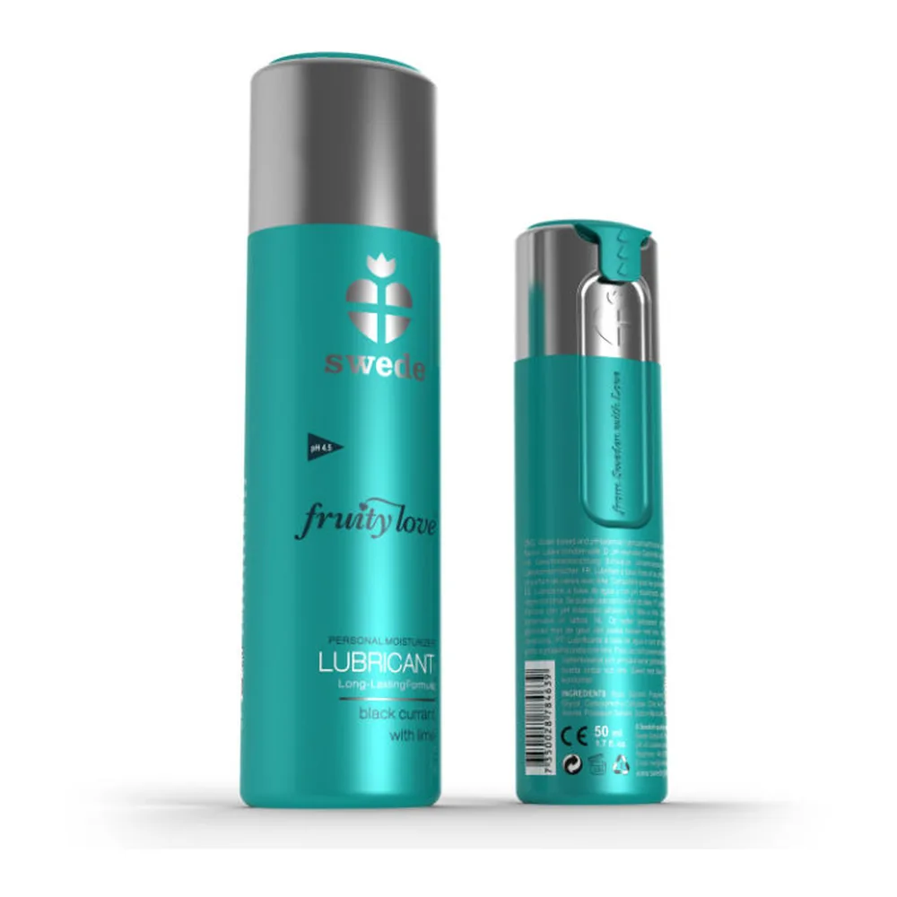Flacon de lubrifiant Fruity Love Swede bleu-vert avec capuchon gris, aromatisé cassis et citron, base eau comestible
