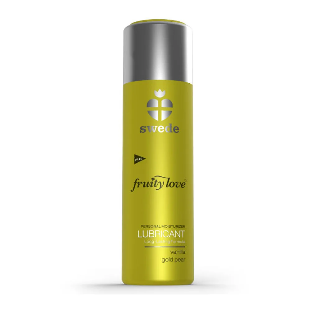 Flacon spray vert anis de lubrifiant Fruity Love, capuchon gris argenté, étiquette avec inscriptions vanille et gold pear, sur fond blanc