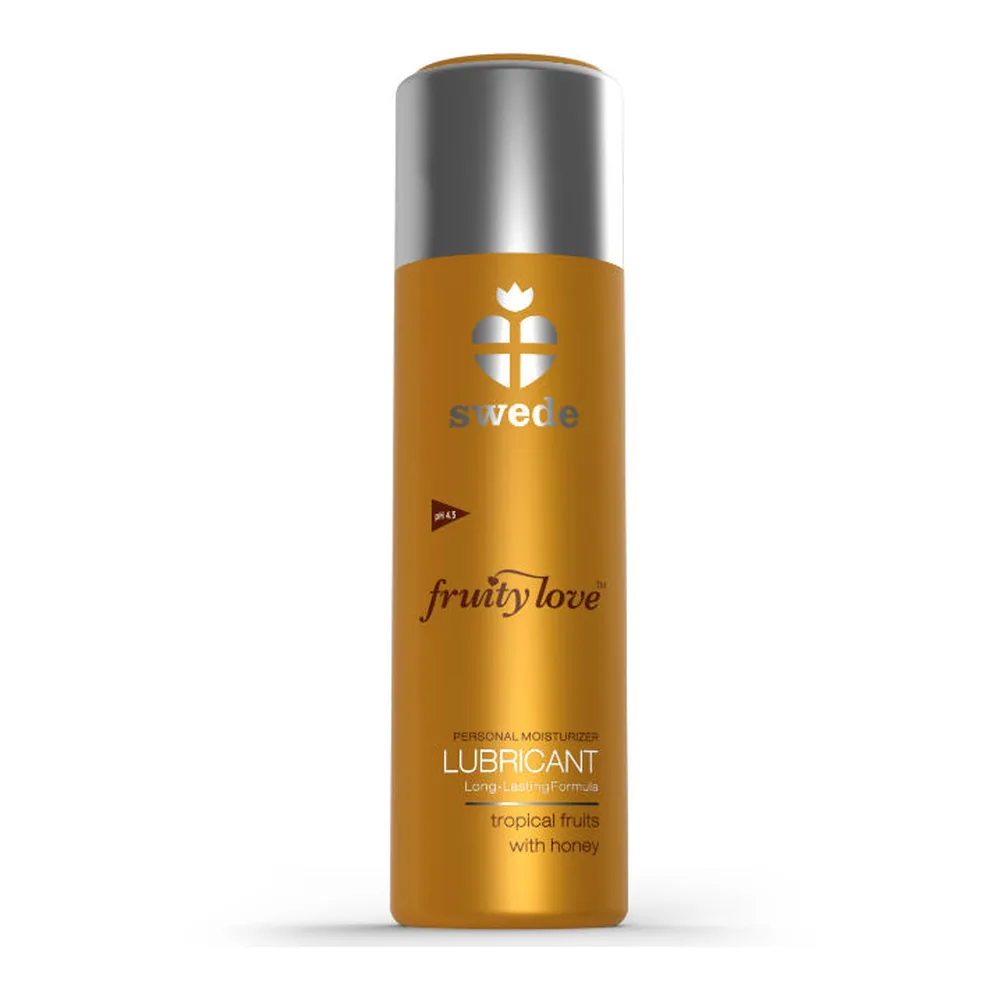 Flacon de lubrifiant Fruity Love doré avec bouchon gris argenté, présentant le logo Swede et les mentions "fruity love", "tropical fruits with honey" et "personal moisturizer lubricant"