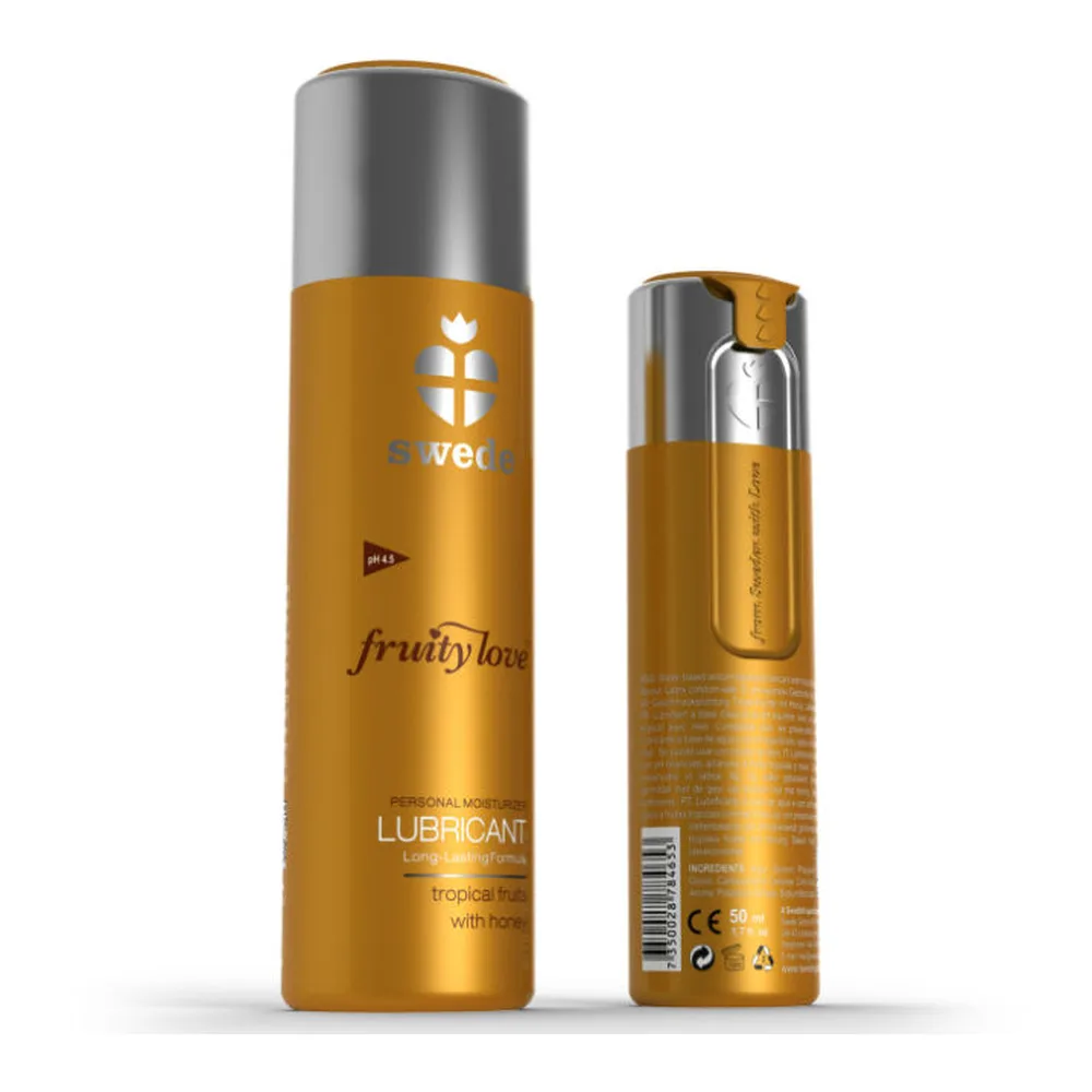 Flacon de lubrifiant Fruity Love doré avec bouchon gris argenté, présentant le logo Swede et les mentions "fruity love", "tropical fruits with honey" et "personal moisturizer lubricant"