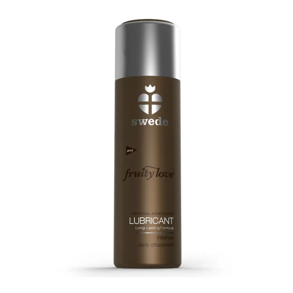 Flacon de lubrifiant Swede Fruity Love au parfum de chocolat noir, emballage brun avec capuchon métallisé gris, formule longue tenue à base eau
