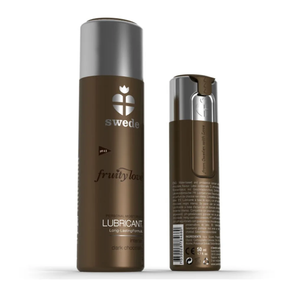 Flacon de lubrifiant Swede Fruity Love au parfum de chocolat noir, emballage brun avec capuchon métallisé gris, formule longue tenue à base eau