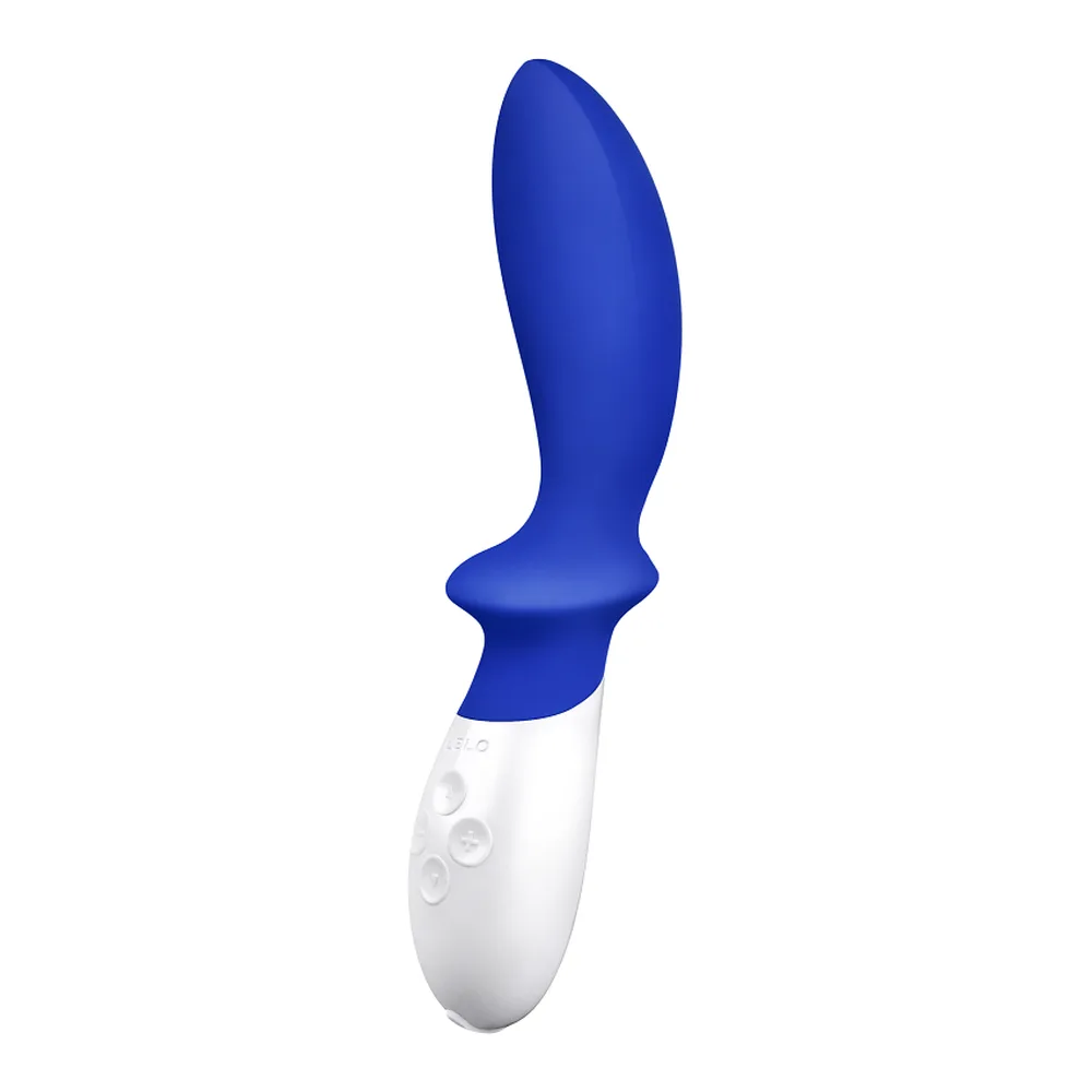Stimulateur de prostate bleu en silicone avec poignée blanche pourvue de boutons de contrôle, fond blanc