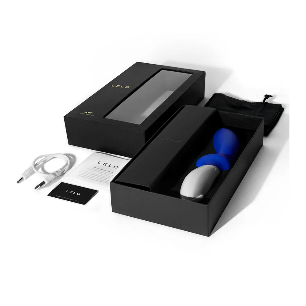 Stimulateur de prostate bleu en silicone avec poignée blanche pourvue de boutons de contrôle, fond blanc
